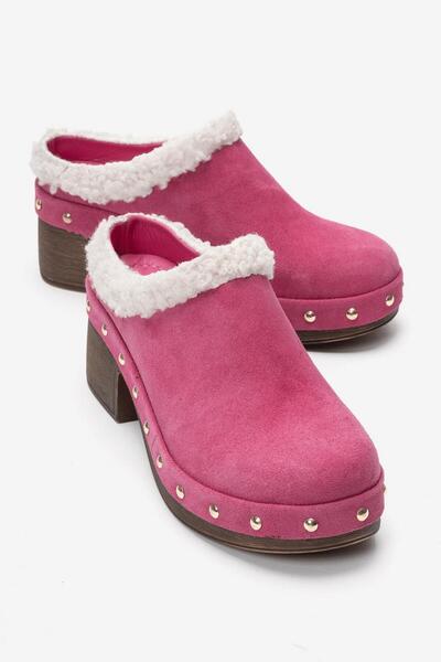 Zeynep Sıradağlı Zerlinda Women's Genuine Leather Clogs Slippers Fuchsia Suede