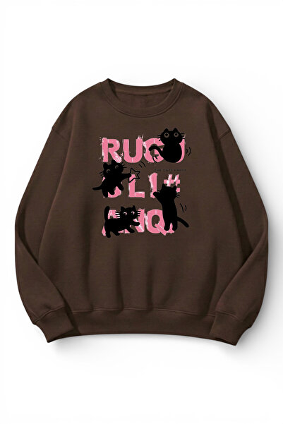 uyguntarz Unisex Soft Textured Cat Chaos Printed Design Oversize 3 Thread Cre...