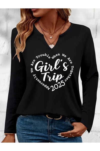 Deocept Text Printed Cotton Half V-Neck Long Sleeve Blouse T-Shirt