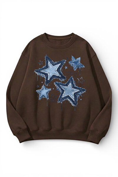 uyguntarz Unisex Soft Textured Denim Stars Printed Design Oversize 3 Thread C...