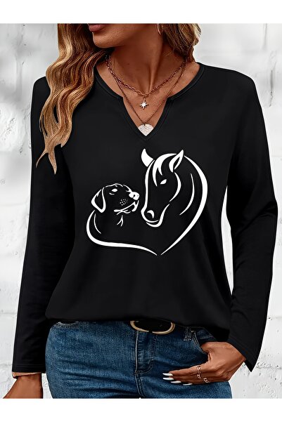 Deocept Animal Friendly Printed Cotton Half V-Neck Long Sleeve Blouse T-Shirt