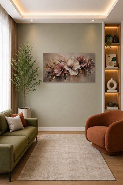 Pudra Gül Kurusu Çiçek Soyut Modern Floral Bej Dekoratif Kanvas Duvar Tablosu