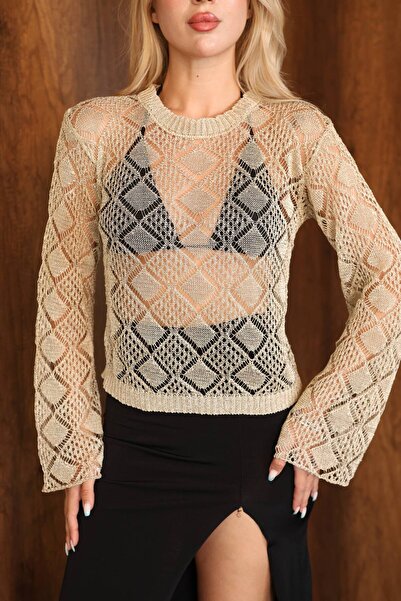 LOKADI Women's Gold Glitter Openwork Knitwear Sweater Spanish Sleeve Hollow O...