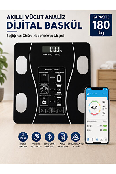 Genel Markalar Akıllı Bluetooth Tartı Vücut Analizli Dijital Baskül 180 KG LC...