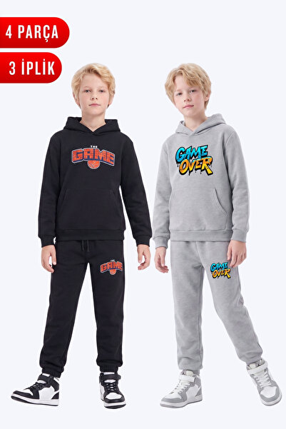 FYK KİDS 3 Thread Printed Winter Kangaroo Pocket Hooded Boys' 2-Piece Tracksu...