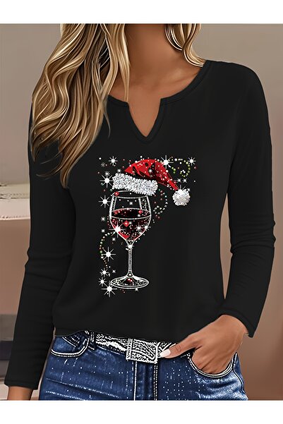Deocept New Year Printed Cotton Half V-Neck Long Sleeve Blouse T-Shirt