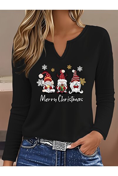 Deocept New Year Printed Cotton Half V-Neck Long Sleeve Blouse T-Shirt
