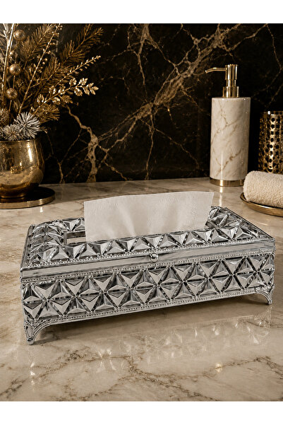 Leila Diamond Pattern Mirrored Z Chest Napkin Holder – Silver Metal Decorativ...