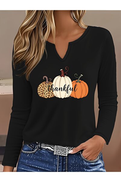 Deocept Autumn Printed Cotton Half V-Neck Long Sleeve Blouse T-Shirt
