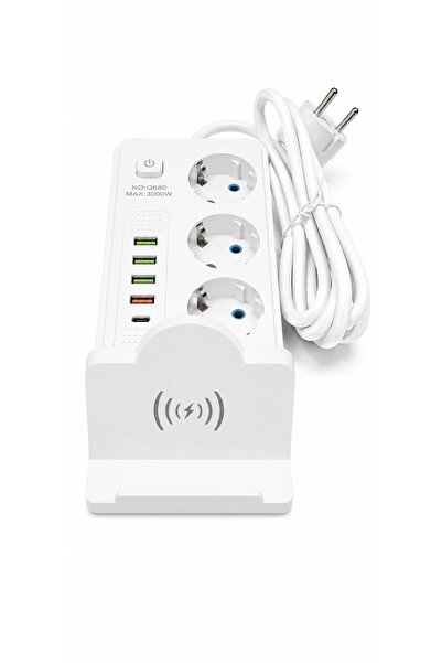 Z-Tools Prelungitor 9-în-1, 3 prize, 5 porturi USB, încărcare wireless, cablu de 1,85 m, 21,5 x 9,5 x 6,3 cm, Alb, / ZTS2312