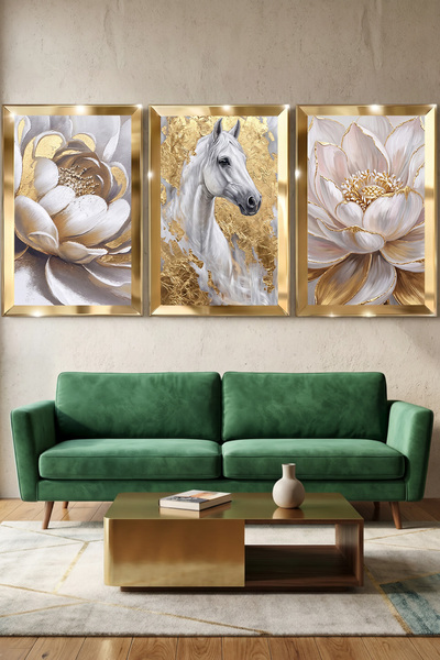 Luna Concept Gold Çerçeveli Beyaz At ve Çiçek Figürlü Dekoratif Salon Tablosu...