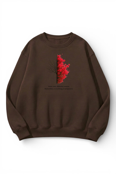 uyguntarz Unisex Soft Textured Red Tree Printed Design Oversize 3 Thread Crew...