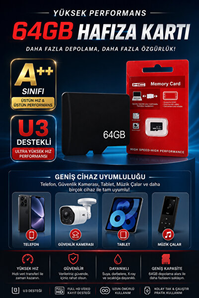 64 GB Class 10 Ultra UHS-3 A++ KALİTE 64G- Micro SD Kart 64GB Hafıza Kartı