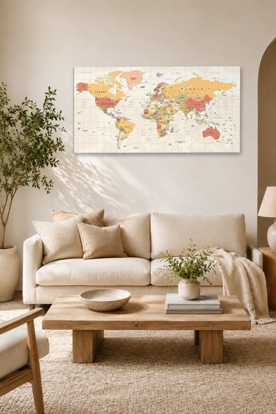 Dünya Haritası World Map Dekoratif Kanvas Duvar Tablosu