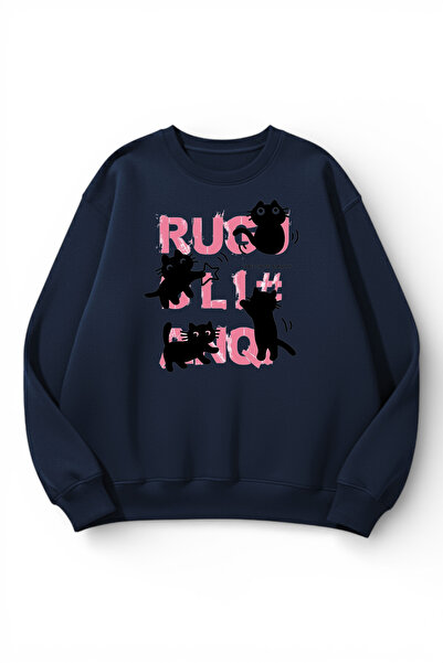 uyguntarz Unisex Soft Textured Cat Chaos Printed Design Oversize 3 Thread Cre...