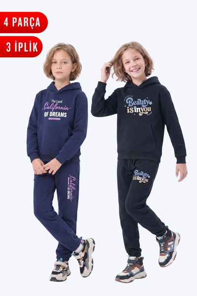 FYK KİDS 3 Thread Printed Winter Kangaroo Pocket Hooded Girls' 2-Piece Tracks...