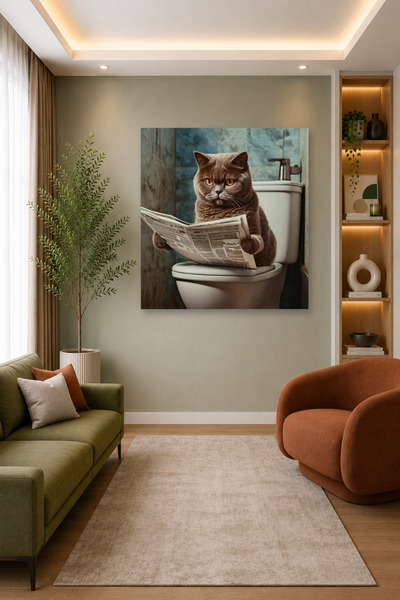 Tam Renk Tekli Kare Banyo Gazete Okuyan Gri British Kedi Dekoratif Kanvas Duv...