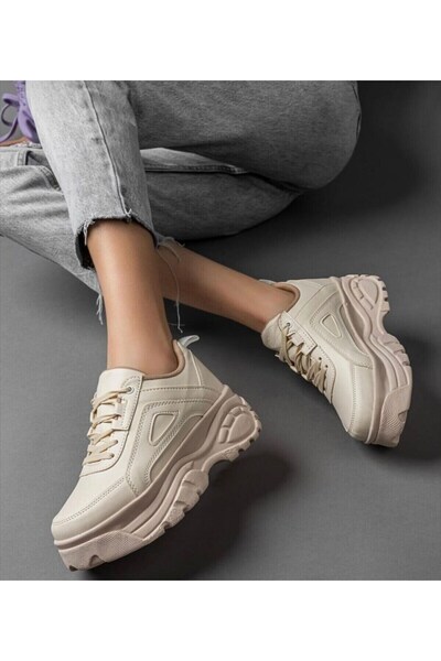 ALTUNTAŞ Women's 5 cm Thick Sole Sneaker Detailed Casual Sports Shoes - Ecru