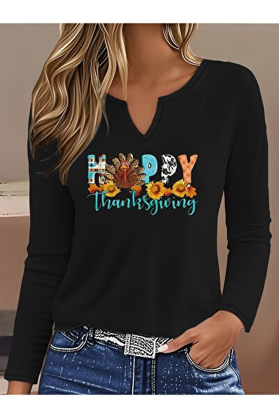 Deocept Thanksgiving Printed Cotton Half V-Neck Long Sleeve Blouse T-Shirt