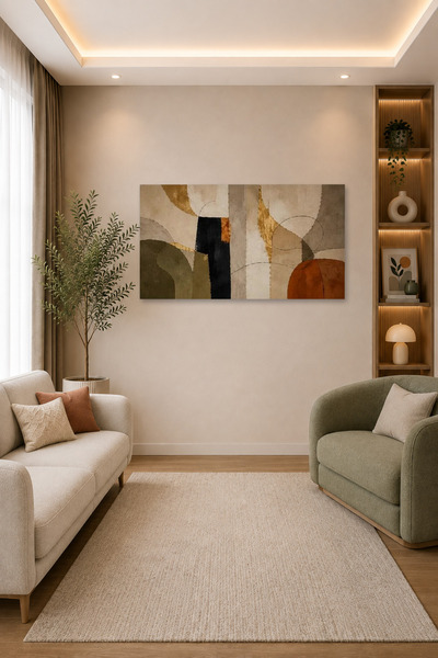 Tam Renk Modern Soyut Krem Bej, Zeytin Yeşili ve Terracotta Tonlu Dekoratif K...