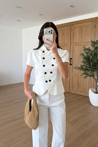 SHILSEE BEUTİQUE Double Collar Button Detail Lined Short Sleeve Modal Jacket ...