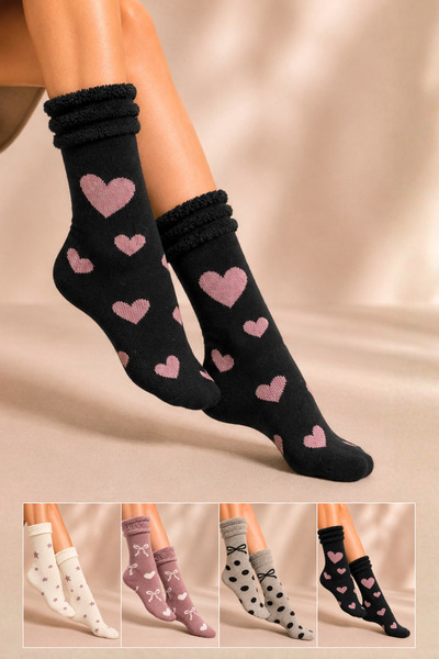 KARDEŞLER ÇORAP Women's Patterned Curly Cotton Socks 4-Piece Socks