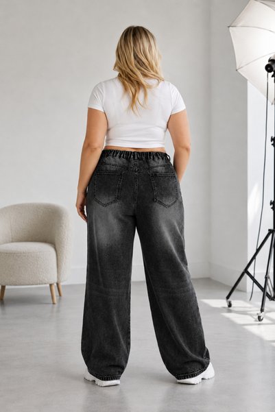 SHEVEGA Women's Plus Size Smoked Embroidered Back Elasticated Pipe Leg Denim Trousers