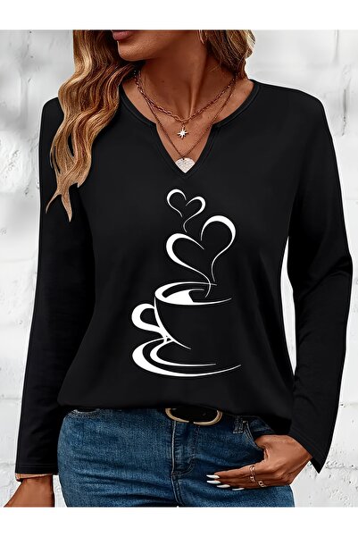 Deocept Coffee Printed Cotton Half V-Neck Long Sleeve Blouse T-Shirt