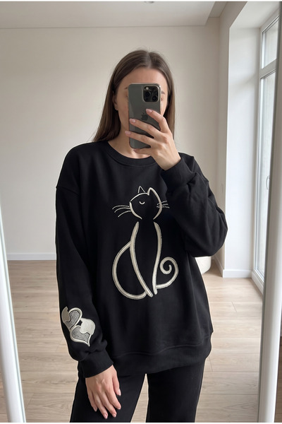 FEMELLE Black Cat Embroidered Beaded 100% Cotton Sweatshirt