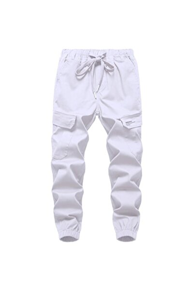 SERENYOU Pantaloni cargo pentru copii cu talie elastică și șnur, albi, 128-13...
