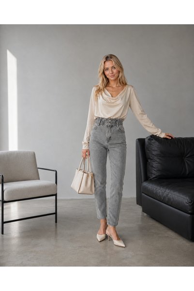 SHEVEGA Women's Gray Belted Drawstring Detailed Double Button Mom Jeans Denim Trousers