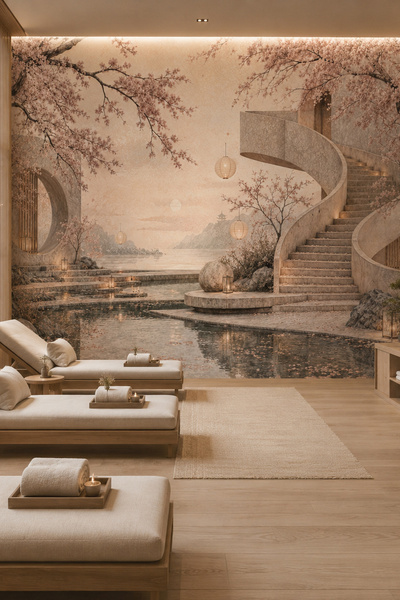 dreamwall Sakura Rüyası- Merdivenli Havuz Manzarası Temalı Tek Parça Tekstil ...