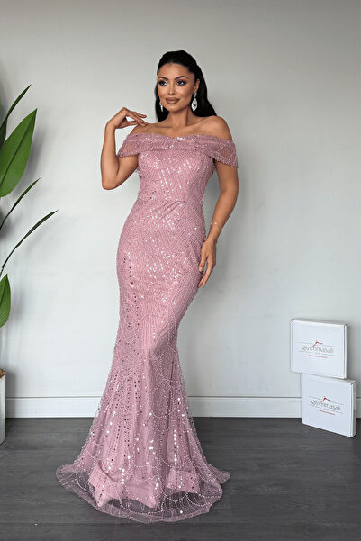 giyimmasalı Full Beaded Fabric Boat Neck Evening Dress - Dried Rose