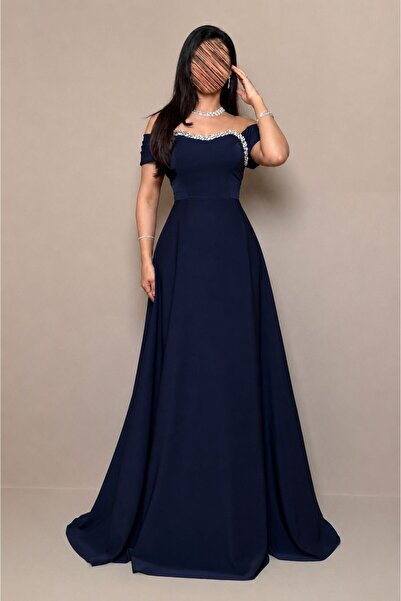 Lumiva Navy Blue Embroidered Evening Dress