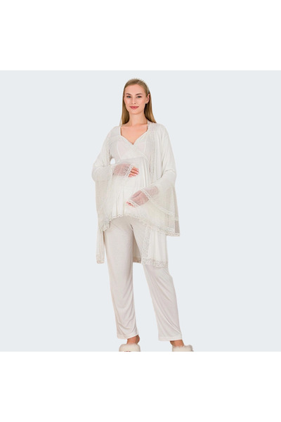 Lady 3-Piece Maternity Pajama Set with Lace Robe - Nursing Top and Pants | Co...