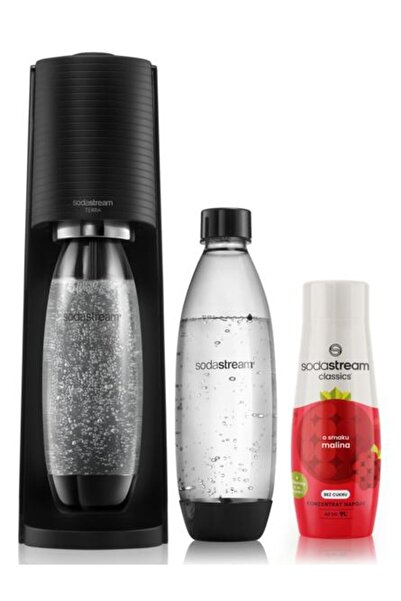 sodastream Saturator Terra Black + cartuș CO2 2 sticle de sirop de zmeură Fus...