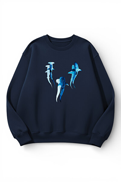 uyguntarz Unisex Soft Textured Sapphire Whale Printed Design Oversize 3 Threa...