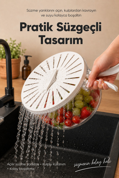 Vienev Transparent Storage Container with Handle and Strainer, Lid, Vegetable and Fruit Washing and Preservation Container