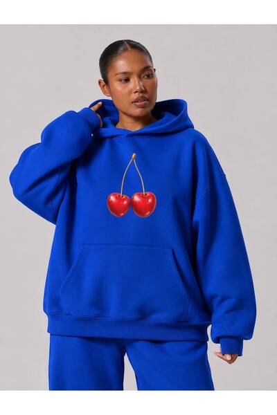 BENROMA 3 Yarn Combed Cotton Cherry Printed Plus Size Unisex Sweatshirt Mq3