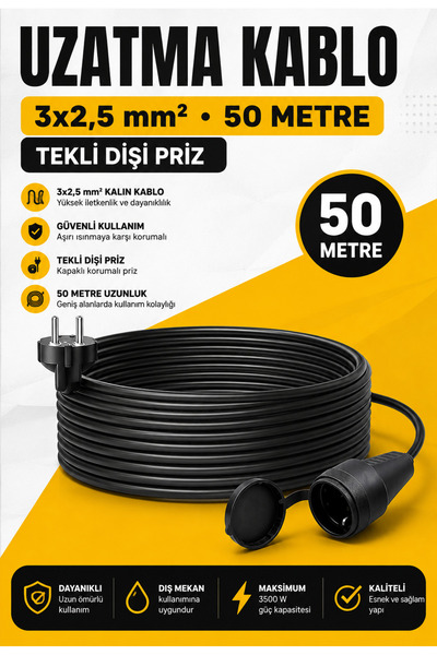 SGS Profesyonel Uzatma Kablosu 3x2,5 mm² 50 Metre Tekli Dişi Prizli Kablolu U...