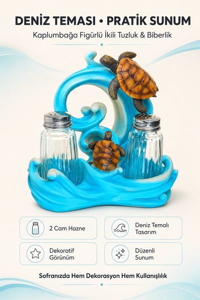 METTREND Ocean Themed Double Glass Salt and Pepper Shaker Set with Sea Turtle Figure Decorative Ocean Themed Home Kitchen Accessory