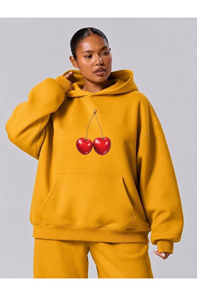 BENROMA 3 Yarn Combed Cotton Cherry Printed Plus Size Unisex Sweatshirt Mq3