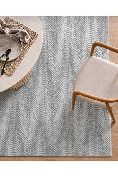 Nesrin Lüks Chevron Çizgili Açık Gri Gümüş 3D Dokulu Modern Salon & Oturma Od...