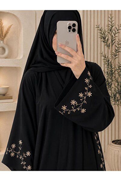 my abaya عباية سوداء بتطريز ورود بيج فاتح