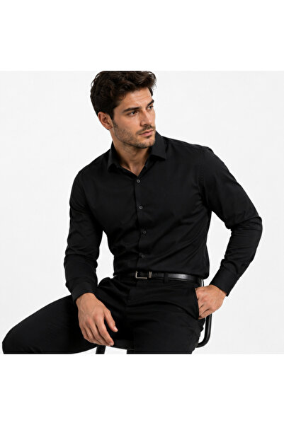 Erkek Siyah Gömlek Slim Fit Uzun Kollu Klasik Yaka Modern Kesim Özel Pamuklu Kumaş