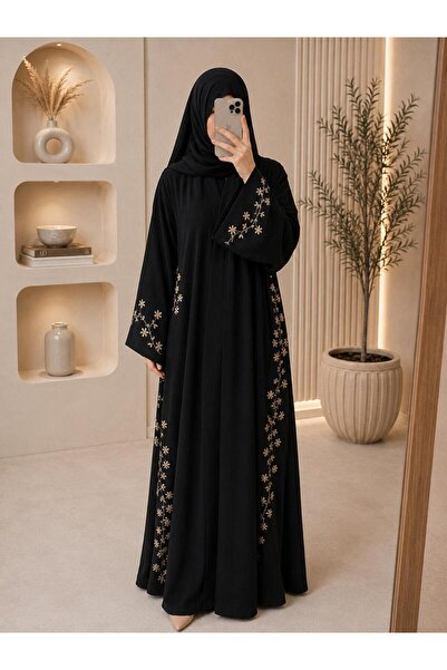my abaya عباية سوداء بتطريز ورود بيج فاتح