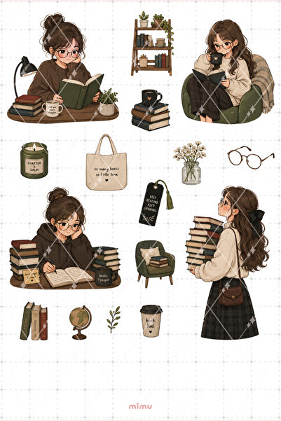 Mimu Art Studio Kitap Kurdu Sticker Seti Kitap Okuma ve Kütüphane Temalı Deko...