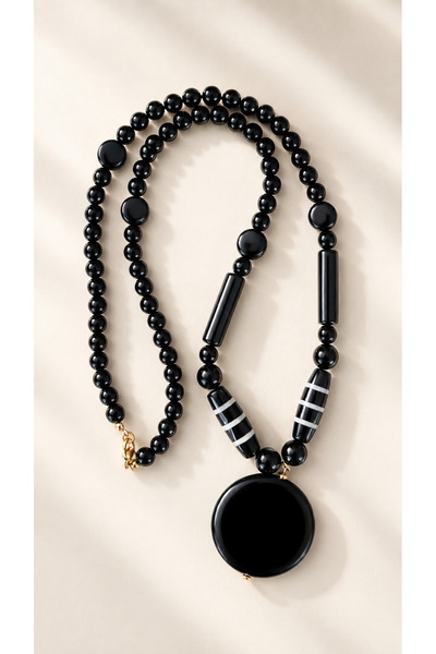 LemaStone Natural Black Agate Stone Long Women's Necklace 58 cm – Noble and E...