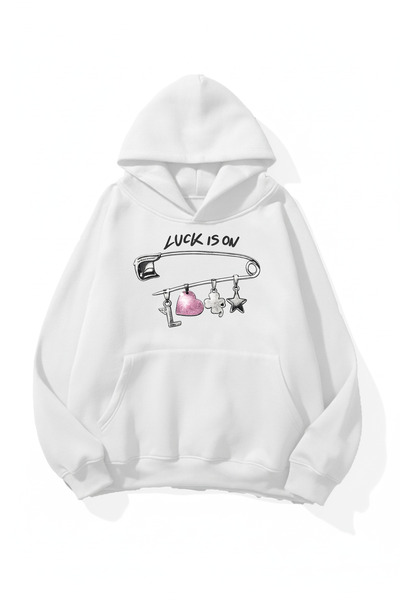 uyguntarz Unisex Soft Textured Luck Printed Design Oversize 3 Thread Hoodie S...