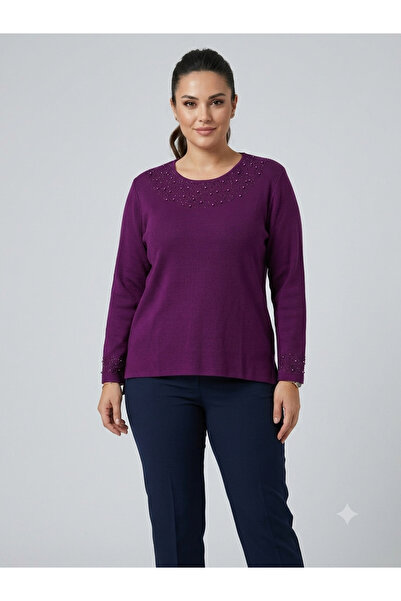 ENGIN Women's Purple Beaded Detailed Knitwear Sweater